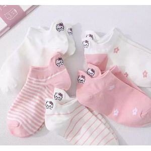 Set van 5 paar kattensokken - Roze-Wit - Enkelsokken Kat - Unisex - Multipack - Maat 36-41
