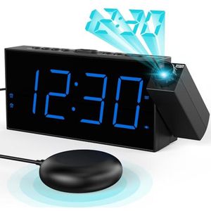 Projectie Wekker voor Slaapkamer met Trillende Functie voor Slechthorenden, 180° Projector, Dubbele Wekker en Dimmer
