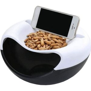 Dubbel Laagse Snack Opbergdoosplaat met Telefoonhouder - Noten Olijven Kersen - Duurzaam en Gemakkelijk Te Wassen - Zwart en wit .