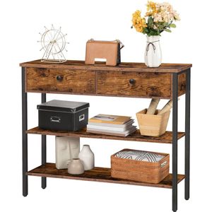 Console tafel met 2 laden en 2 planken, vintage bruin-zwart - Stevig metalen frame - Voor entree hal woonkamer