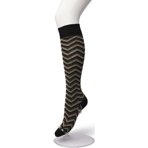 Bonnie Doon Dames Glitter Kniekousen Zwart/Goud maat 36/42 - Feestelijke Knie Kousen - Strepen - Party Knie Sokken - Uitstekend draagcomfort - Glittering Zig Zag Knee High - Kniesokken - Lurex - Zakt niet af - Black/Gold - LL201501.135