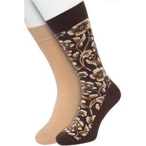 Bonnie Doon Heren Sokken set Bruin maat 40/46 - 2 paar - Effen - Bloemen - Print - Gladde Naden - Brede Boord - Uitstekend Draagcomfort - 2-pack - Multipack - Effen - Barock Flower - Lichtbruin - Donkerbruin - Sand - Bracken - OL2225032.497