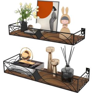 Zwevend wandrek met metalen staven en houten plank - Rustieke wandplank voor keuken badkamer slaapkamer woonkamer kantoor - Set van 2 Wandplanken & -rekken