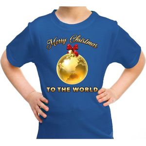 Foute kerst shirt / t-shirt - Merry Christmas to the world - blauw voor kinderen - kerstkleding / christmas outfit 164/176