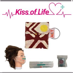 Kiss of Life Sleutelhanger | Reanimatiemasker, Beademingsmasker, CPR masker | Roodbruin - Geel - Wit | Handgemaakt, Uniek | Steun het goede doel