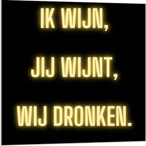 Forex - Tekst: ''Ik Wijn, Jij Wijnt, WIj dronken'' Neon Letters Goud/Zwart - 80x80cm Foto op Forex