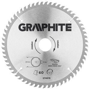 Graphite 57H678 Cirkelzaagblad voor Hout 200mm, Asgat 30mm, Tanden 60, Dikte 3,2, Vulringen 16/20/25, TCT