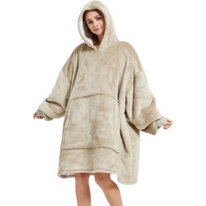 Fleece deken met mouwen en capuchon – Oversized hoodie deken met mouwen – Fleece deken – Fleece TV deken – Plaid met mouwen – hoodie blanket - Warm & zacht – Fleece poncho - Knuffelen – Beige - Badrock