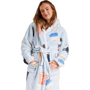 Dames badjas koffie - fleece badjas met capuchon - ultra zacht en warm - cadeau koffieliefhebber - koffie badjas - maat L/XL