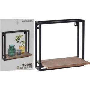 Home & Styling Metalen Ophangrek met Houten Plank 25x15x25 cm Zwart/Bruin