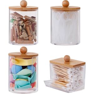 Thelau - Opbergset voor wattenstaafjes en wattenschijfjes, bamboe deksel, acryl, 4 stuks