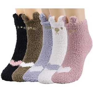 5 paar wollen sokken, damespantoffels met kattenmotief - één maat past iedereen - meerdere kleuren