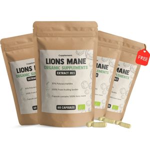 Cupplement 240 Lion's Mane Paddenstoel Extract Capsules 20:1 Extract 400 MG Per Capsule Biologisch 3+1 zak gratis - Geen Poeder - Supplement - Superfood - Hericium Erinaceus - Hond & Kat - Mushroom - Pruikzam