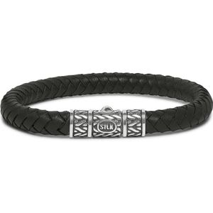 SILK Jewellery - Zilveren Armband - Roots - 156BLK.19 - zwart leer - Maat 19