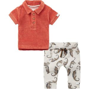 Noppies - Kledingset - 2delig - broek oatmeal met prints - Polo Badstof oranje - Maat 68