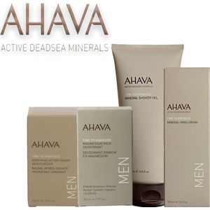 Ahava geschenkset voor mannen: Aftershave 50ml, handcreme 100ml, deodorant 50ml en showergel 200 ml in een transparant tasje