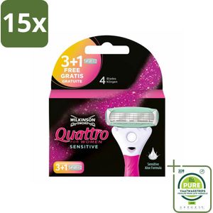15 x Wilkinson Woman - Navulmesjes - Quattro Sensitive - Zacht - 4 mesjes - Grootverpakking - Scheermesjes - Scheermes - Scheerapparaat - Gevoelige Huid - Scheermesjes Voor Vrouwen