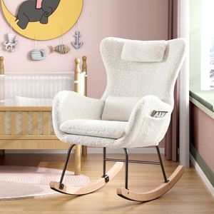 HAUSS SPOLE schommelstoelen - Relaxstoel babykamer - Fauteuil - Voedingsstoel - hoofdsteun en zijvakken - Met kussen - voorzien van vloerbeschermende viltstrips - Wit
