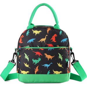 Schooltas met dinosaurussen - Zwart/groen - 24 x 14 x 25 cm - Schoudertas met dinosaurus print - Peuters, kleuters, kinderen - 8.2 L - Lunchtas met koelvak - School tasje voor jongens - Crossbody tas - Kindertas met dinos