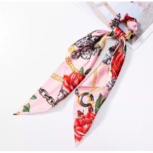 Scrunchie vlinderstrikje Fashion Wit, Roos - 2 delig haarelastiekje met een sjaaltjes- Leuke Scrunchie met strik voor zomer- Meisje haarelastiekje met lint- paardenstaart sjaal