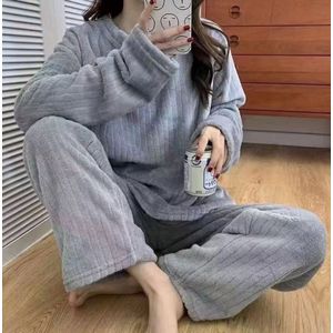 Winter Pyjama Set Dames Maat S | Flanellen O-hals Gestreepte Fleece Top & Elastische Taille Broek | Zachte Koraal Fleece Nachtkleding | Casual & Comfortabel | Dames Pyjama Set | Winter Pyjama | Lounge Wear | Nachtkleding Dames | Warme Pyjama