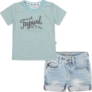 Koko Noko en Dirkje - Kledingset(2delig) -  Short Blue jeans - Shirt lichtblauw met streepje en print - Maat 86