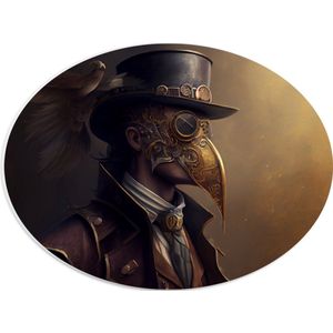 PVC Schuimplaat Ovaal - Zijaanzicht van Man met Zwarte Hoed en Goud Masker - 40x30 cm Foto op Ovaal (Met Ophangsysteem)