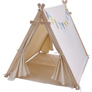 Sunny Sienna Speeltent met vlaggen en vloermat Crème – Wigwam Tipi Tent voor kinderen met Slinger & Opbergtas - Stokken FSC hout - 120x100x105cm