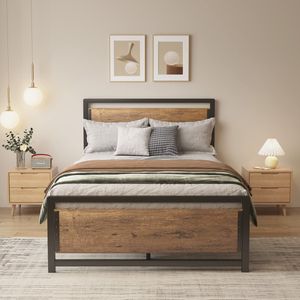 Bealife BF35 Twijfelaarbedden, Metalen Twijfelaarbedden, met Houten Hoofdbord, 210 x 120 x160cm, IJzeren Latten, Grote Opbergruimte Onder Bed, Geen Lawaai, Geen Boxspring Nodig, Eenvoudige Montage, Retro