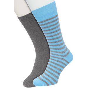 Bonnie Doon Sokken Set Gestreept en Effen voor Heren Blauw/Grijs maat 40/46 - Set met 2 paar Sokken - Strepen - Katoen - Gladde Naad - Brede Boord - Perfecte Pasvorm - 2-pack - Multipack - Blauw - Anthracite Heather - Delphinium Blue - OL0121012.501