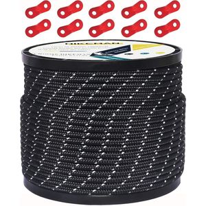 50 m reflecterend koord, Guy Touwen, outdoor tent, geleidingstouw, 100% nylon koord, windlijn met 10 stuks aluminiumlegering spanners voor camping (zwart, diameter 4 mm)