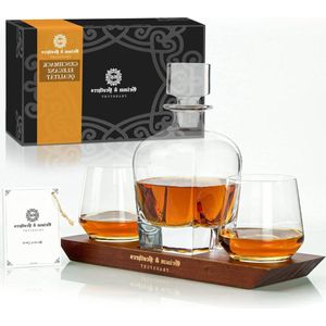 Whiskey Karaf Kristalglas 850ML houten frame Grimm & Brothers - elegante kristallen karaf - geschenk man - 2 whiskyglazen - karaf set