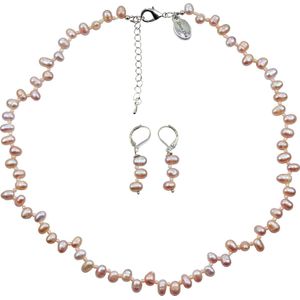 Zoetwaterparel ketting set Rozi - parelketting + parel oorbellen - echte parels - roze - wit - sterling zilver (925)