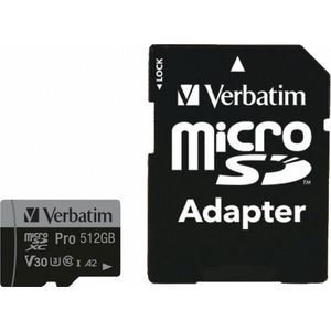 Verbatim Pro microSDXC-kaart 512 GB UHS-Class 3 4K-video-ondersteuning, A2-vermogensstandaard, Incl. SD-adapter, Schokb