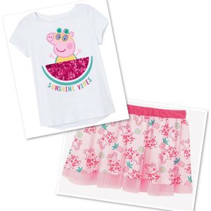 Peppa Pig set - rok + shirt - wit/roze - met pailletten - maat 110/116