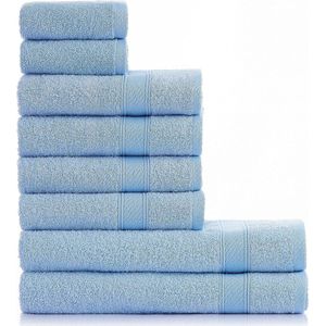 Handdoekenset lichtblauw 8-delig / 2 badhanddoeken 70x140 + 4 handdoeken 50x90 + 2 gastendoekjes 30x50 - handdoek met hanger 100% katoen absorberend zacht luxe - hemelsblauw