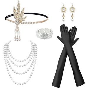 6 stuks 1920s Flapper Great Gatsby accessoires set, jaren 20 accessoires voor vrouwen, 1920 accessoires set met hoofdband hoofddeksel lange zwarte handschoenen ketting oorbellen voor vrouwen