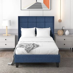 KOMHTOM Eenpersoonsbed 90x200 cm Modern bed voor volwassenen Hoog hoofdeinde blauw linnen met springmatras