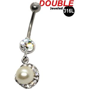 Navelpiercing - Chirurgisch staal - Parel - omringd met CZ Zirconia stenen - Double Jeweled