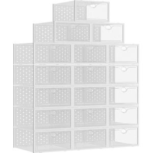 Schoenendozen, stapelbaar, transparant, 18 stuks, opvouwbaar, hard plastic, schoenendoos met deksel, wenselijke schoenorganizer, schoenenopslag voor hoge hakken, enkellaarzen, tot maat 44, wit