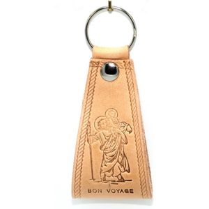 Sleutelhanger van Heilige Christoffel ""Bon Voyage / Kom goed thuis"" van leder 7 x 4 cm