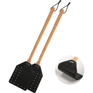 Vliegenmepper Handmatig - Lederen Zware Vliegenmepper met Lang Houten Handvat - Duurzaam Vliegenmeppervanger Wespenmepper - Binnen Buiten Thuis Vliegen - 2 Stuks