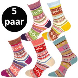 Teckel - 5 paar - Warme Wollen Winter Sokken - Noorse print - Maat 36/42 - Dames - Geel/Beige/L.Paars/D.Paars/Blauw - Cadeau tip tijdens feestdagen