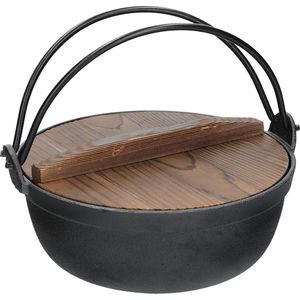 Japanse Kookpot met Houten Gietijzeren Deksel - 21 cm Diameter - Zwart - 1,5 L - Stoofpot als Soeppan - Serveerpot