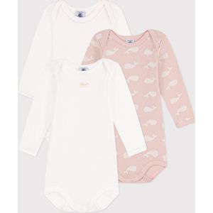 Petit Bateau Set van 3 katoenen body's met lange mouwen en roze walvissen Meisjes Rompertje - Maat 62