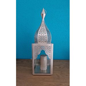 Oosters windlicht Modena Zilver M hoogte 45 cm minaretten vorm | Marokkaanse glazen lantaarn als uit 1001 nacht