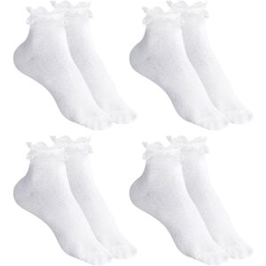 Set van 4 paar witte kanten enkelsokken voor dames en meisjes, gemaakt van katoen met elegante ruches voor een schattige en comfortabele pasvorm