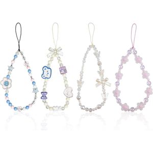 Allecto Plus - Telefoonbedels met Kralen voor Dames - Schattige Stijlen - Mobiele Telefoon Accessoires met Kristallen en Bloemmotief - Polskoord voor Meisjes - Set van 4