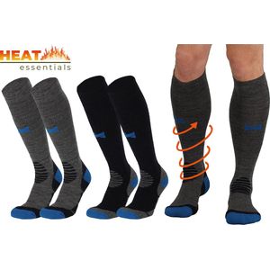 Heat Essentials - Merino Wol Sokken - Compressiekousen - 2 Paar - Grijs - Maat 35/38 - Wandelsokken - Skisokken -Compressie Sokken