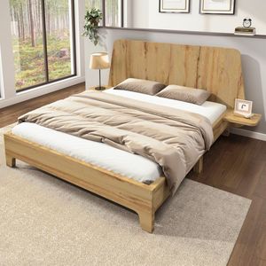 Sweiko Tweepersoonsbed - 140x200 cm - Opbergbaar hoofdeinde - Lattenbodem - Zonder matras - Massief hout - Natuurlijk